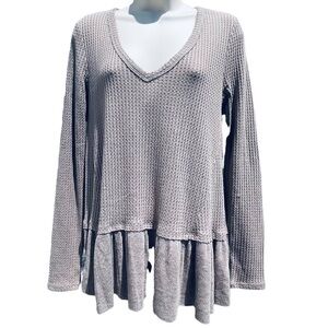 NWT Anthro ERI + ALI Peplum Waffle Knit Thermal Long Sleeve Pullover Ruffle 7028